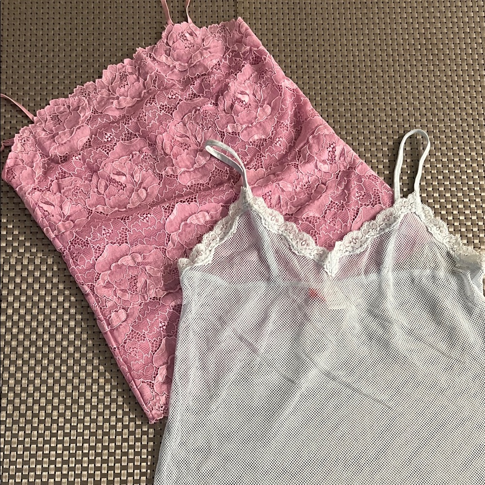 Pink Lace and White Mesh Camisoles